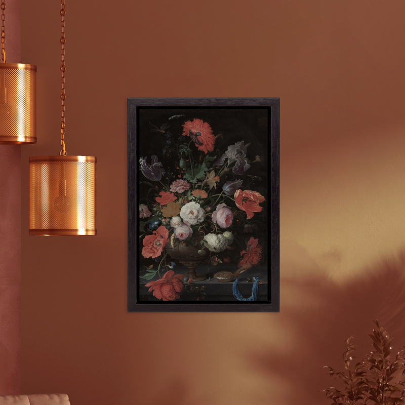 Schilderij Stilleven met bloemen en een horloge van Abraham Mignon