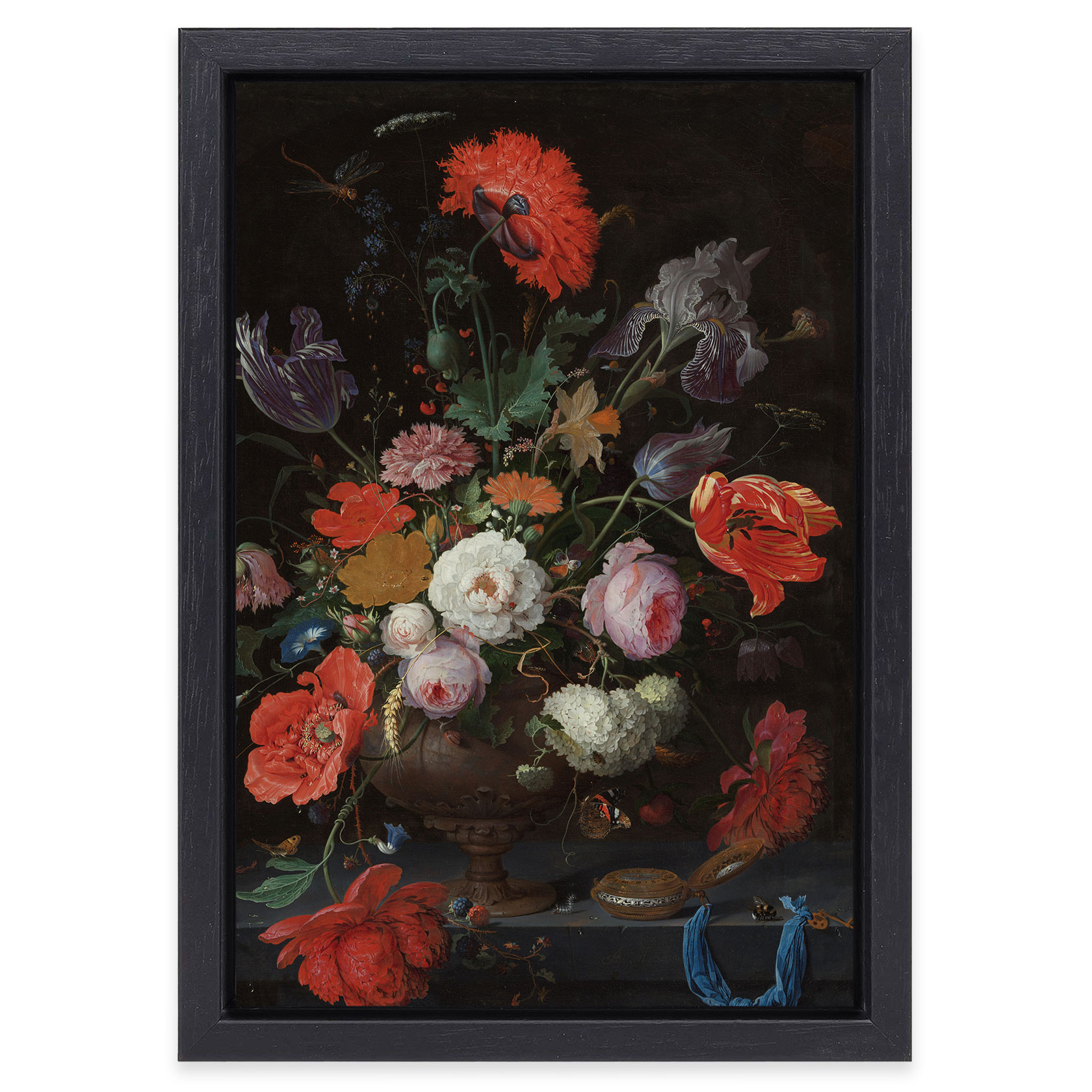 Schilderij Stilleven met bloemen en een horloge van Abraham Mignon